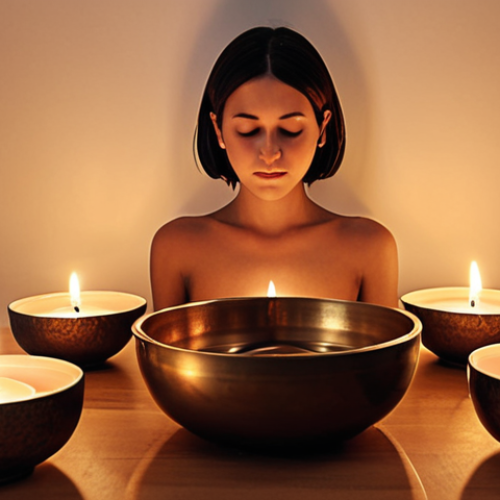 Home 4 ** A serene scene featuring a person relaxing in a comfortable space, surrounded by aromatherapy candles, while listening to the soothing sounds of a singing bowl. The image should convey calmness, peace, and stress relief. Include subtle visual cues that suggest sound waves emanating from the singing bowl. The overall style should be soft and inviting.
**