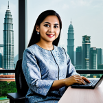 **

A professional Malaysian businesswoman in a modest baju kurung, sitting at a desk in a modern Kuala Lumpur office with the Petronas Towers visible in the background, fully clothed, appropriate attire, safe for work, perfect anatomy, natural proportions, professional photography, high quality. Family-friendly.

**