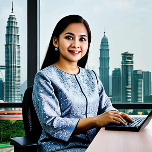 **

A professional Malaysian businesswoman in a modest baju kurung, sitting at a desk in a modern Kuala Lumpur office with the Petronas Towers visible in the background, fully clothed, appropriate attire, safe for work, perfect anatomy, natural proportions, professional photography, high quality. Family-friendly.

**