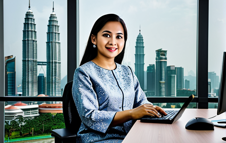 **

A professional Malaysian businesswoman in a modest baju kurung, sitting at a desk in a modern Kuala Lumpur office with the Petronas Towers visible in the background, fully clothed, appropriate attire, safe for work, perfect anatomy, natural proportions, professional photography, high quality. Family-friendly.

**